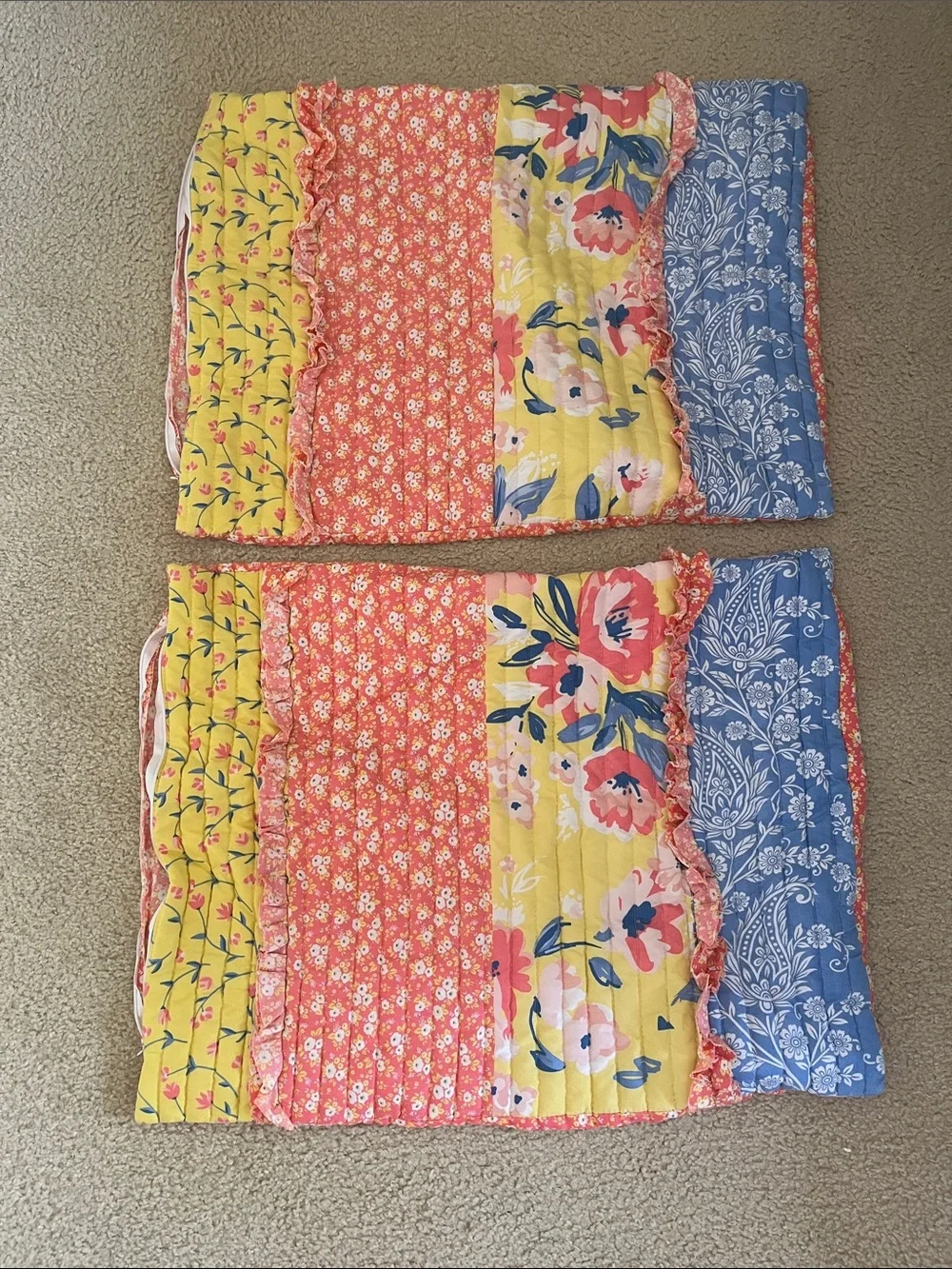 Floral Patchwork Quilted Pillow Shams - Yellow, Coral & Blue